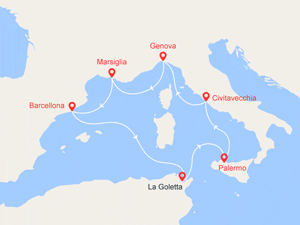 itinéraire croisière Mediterraneo Occidentale : Francia, Spagna, Tunisia