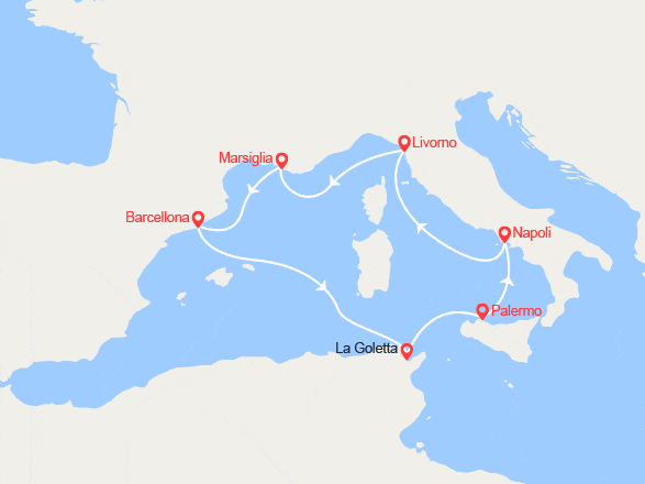 itinéraire croisière Mediterraneo Occidentale : Francia, Spagna, Tunisia, Italia