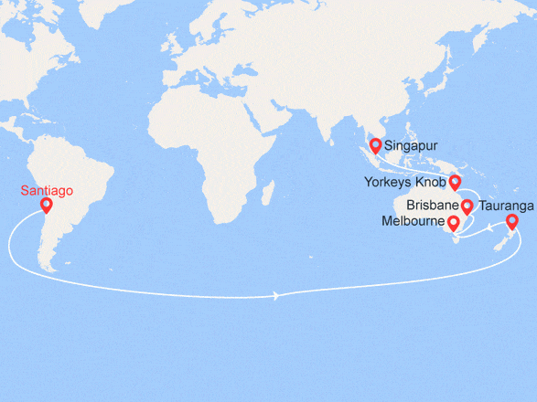 itinéraire croisière Giro del Mondo : Giro del Mondo 2019; da Santiago del Cile a Singapore