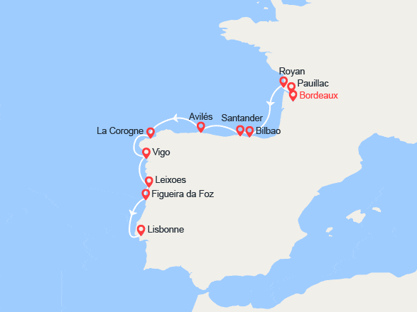 itin&eacute;raire croisi&egrave;re Méditerranée Occidentale : Golfe de Gascogne et péninsule ibérique 