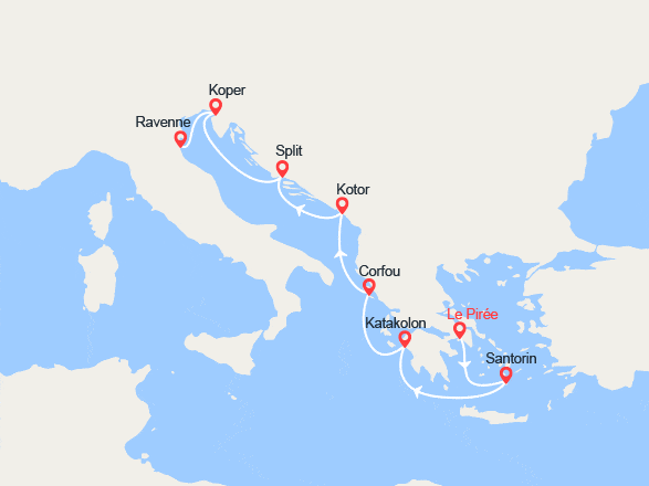 itin&eacute;raire croisi&egrave;re Iles grecques : Grèce, Monténégro, Croatie, Slovénie, Italie 