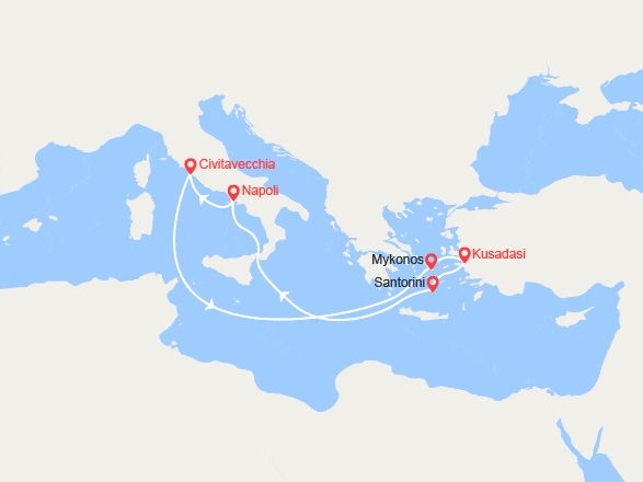 itinéraire croisière Mediterraneo Orientale : Isole Greche e Turchia : Mykonos, Kusadasi, Santorini
