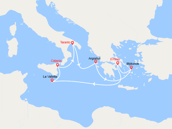 itinéraire croisière Mediterraneo Orientale : Italia, Grecia, Malta