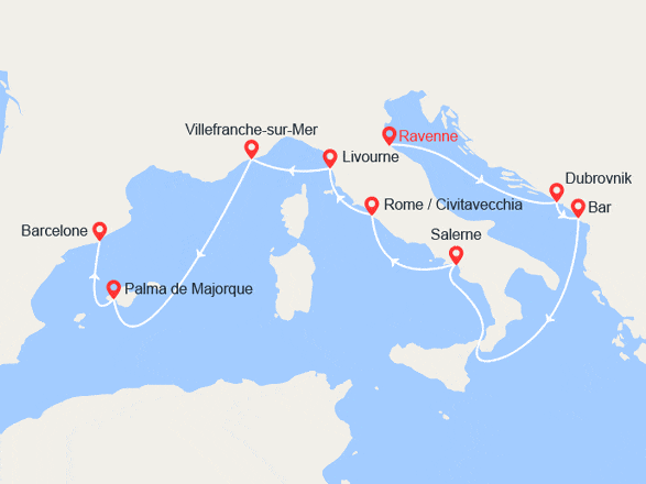 itin&eacute;raire croisi&egrave;re Méditerranée Occidentale : Italie, Croatie, Monténégro, Provence, Baléares, Espagne 