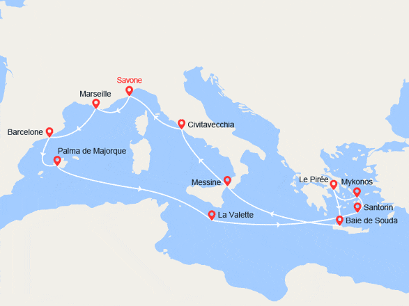 itin&eacute;raire croisi&egrave;re Méditerranée Orientale : Italie, France, Espagne, Baléares, Malte, Grèce 