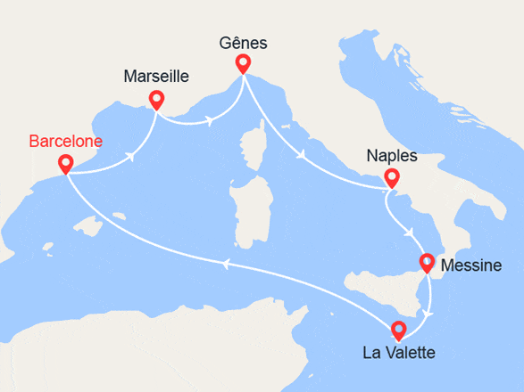 itin&eacute;raire croisi&egrave;re Méditerranée Occidentale : Italie, Malte, Espagne 