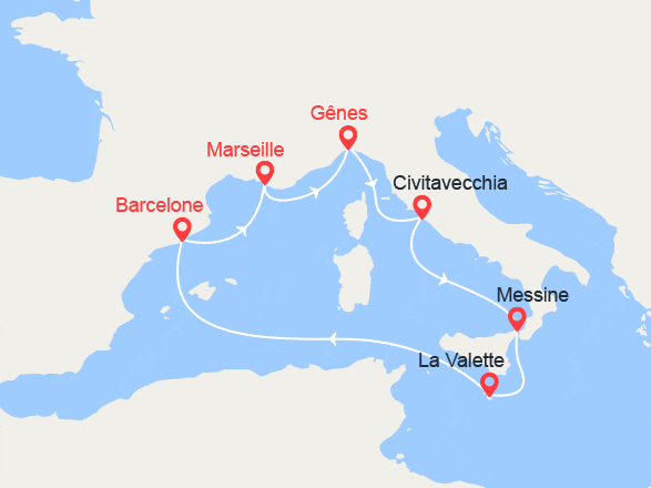 itin&eacute;raire croisi&egrave;re Méditerranée Occidentale : Italie, Sicile, Malte, Barcelone 