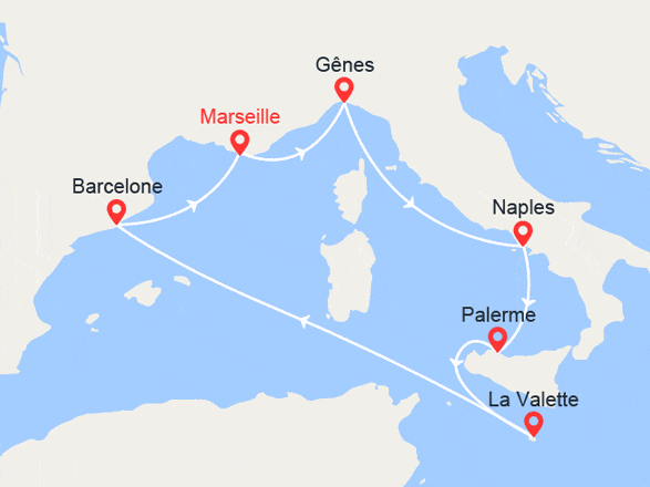 itin&eacute;raire croisi&egrave;re Méditerranée Occidentale : Italie, Sicile, Malte, Barcelone 