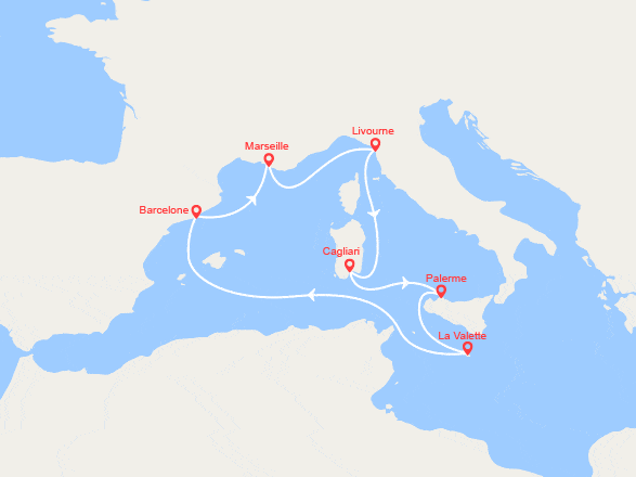 itin&eacute;raire croisi&egrave;re Méditerranée : Italie, Sicile, Malte, Espagne 