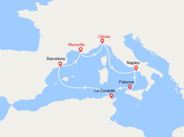 itin&eacute;raire croisi&egrave;re Méditerranée Occidentale : Italie, Sicile, Tunisie, Barcelone 