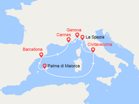 itinéraire croisière Mediterraneo Occidentale : Maiorca, Barcellona, Costa Azzurra