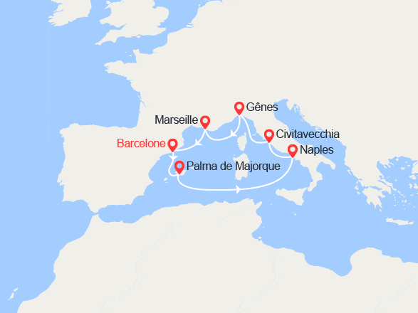 itin&eacute;raire croisi&egrave;re Méditerranée Occidentale : Majorque, Italie, France, Espagne 