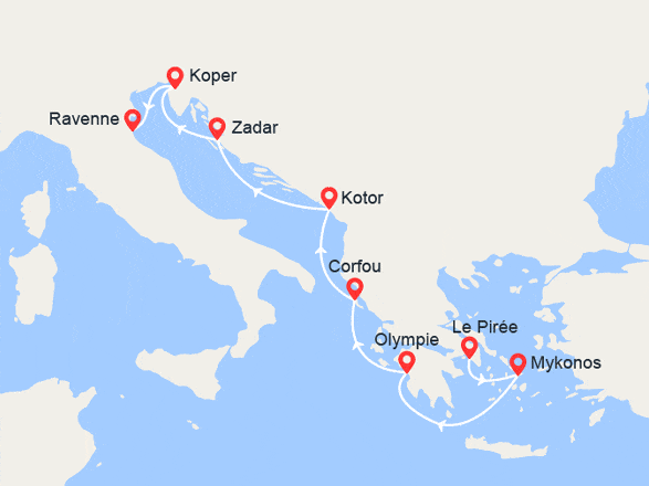 itin&eacute;raire croisi&egrave;re Méditerranée Orientale : Mykonos, Corfou, Monténégro, Croatie, Slovénie 