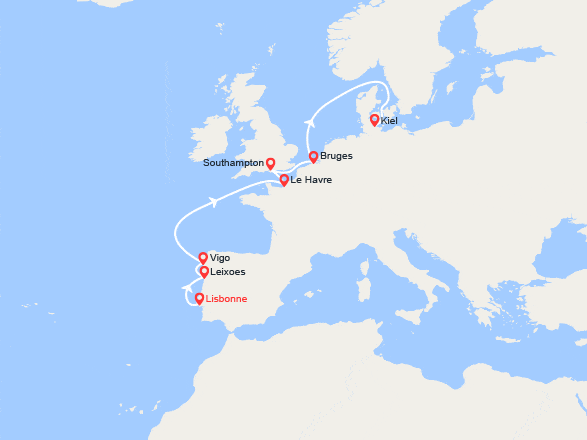 itinéraire croisière Méditerranée Occidentale : Portugal, Espagne, France, Belgique 
