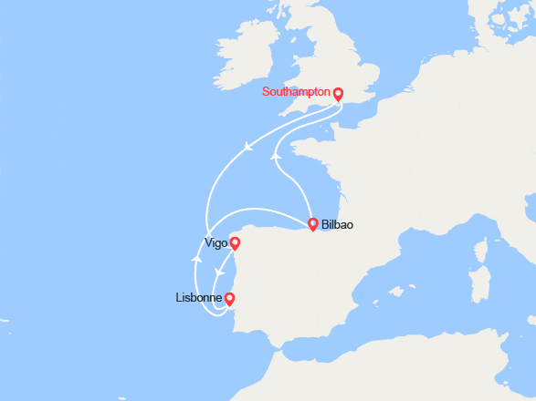 itin&eacute;raire croisi&egrave;re Méditerranée Occidentale : Portugal, Espagne au départ de Southampton 