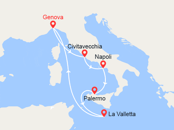 itinéraire croisière Mediterraneo Occidentale : Roma, Napoli, Palermo, La Valletta