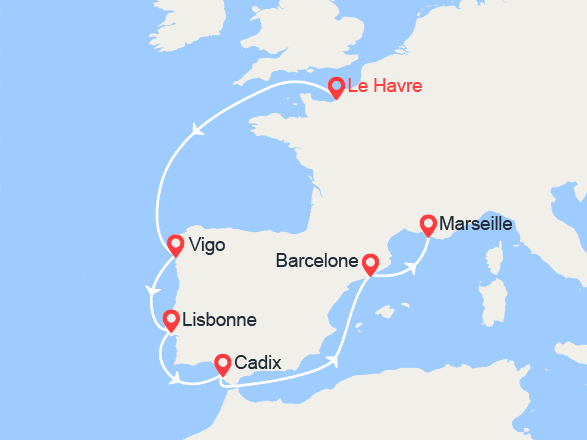 itin&eacute;raire croisi&egrave;re Europe du Nord : Route vers le Sud : du Havre à Marseille 
