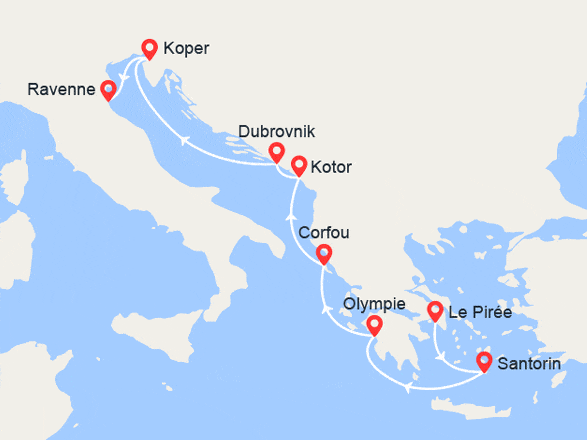 itin&eacute;raire croisi&egrave;re Méditerranée Orientale : Santorin, Corfou, Monténégro, Croatie, Slovénie 