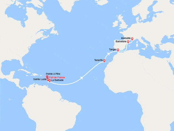 itinéraire croisière Transatlantique : Transatlantique : Antilles, Canaries, Maroc, Espagne, France 