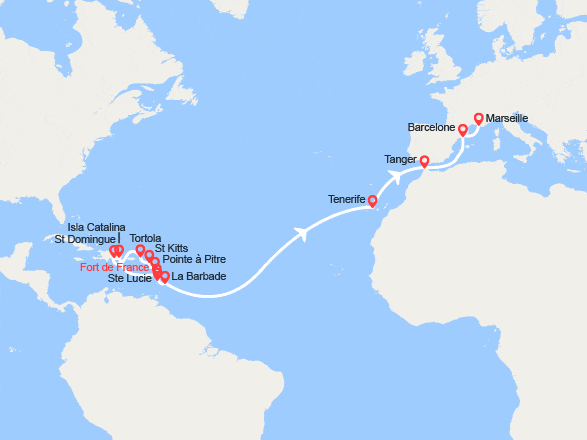 itinéraire croisière Transatlantique : Transatlantique : Antilles, îles Vierges, Canaries, Maroc, Espagne, France 