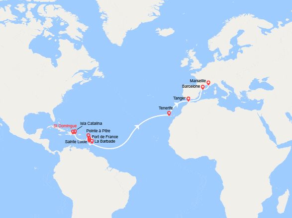 itin&eacute;raire croisi&egrave;re Transatlantique : Transatlantique : Rép. Dominicaine, Antilles, Canaries, Maroc, Espagne, France 