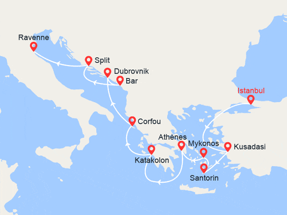 itin&eacute;raire croisi&egrave;re Méditerranée Orientale : Turquie, Îles Grecques, Croatie, Monténégro, Italie 