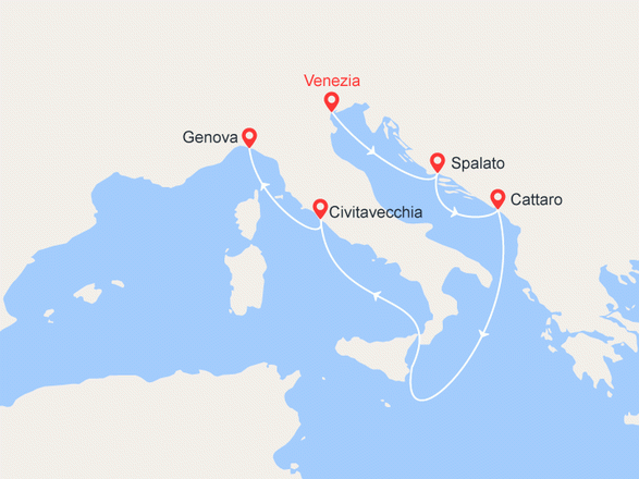 itinéraire croisière Mediterraneo Occidentale - Isole greche : Venezia, Spalato, Cattaro, Civitavecchia, Genova 